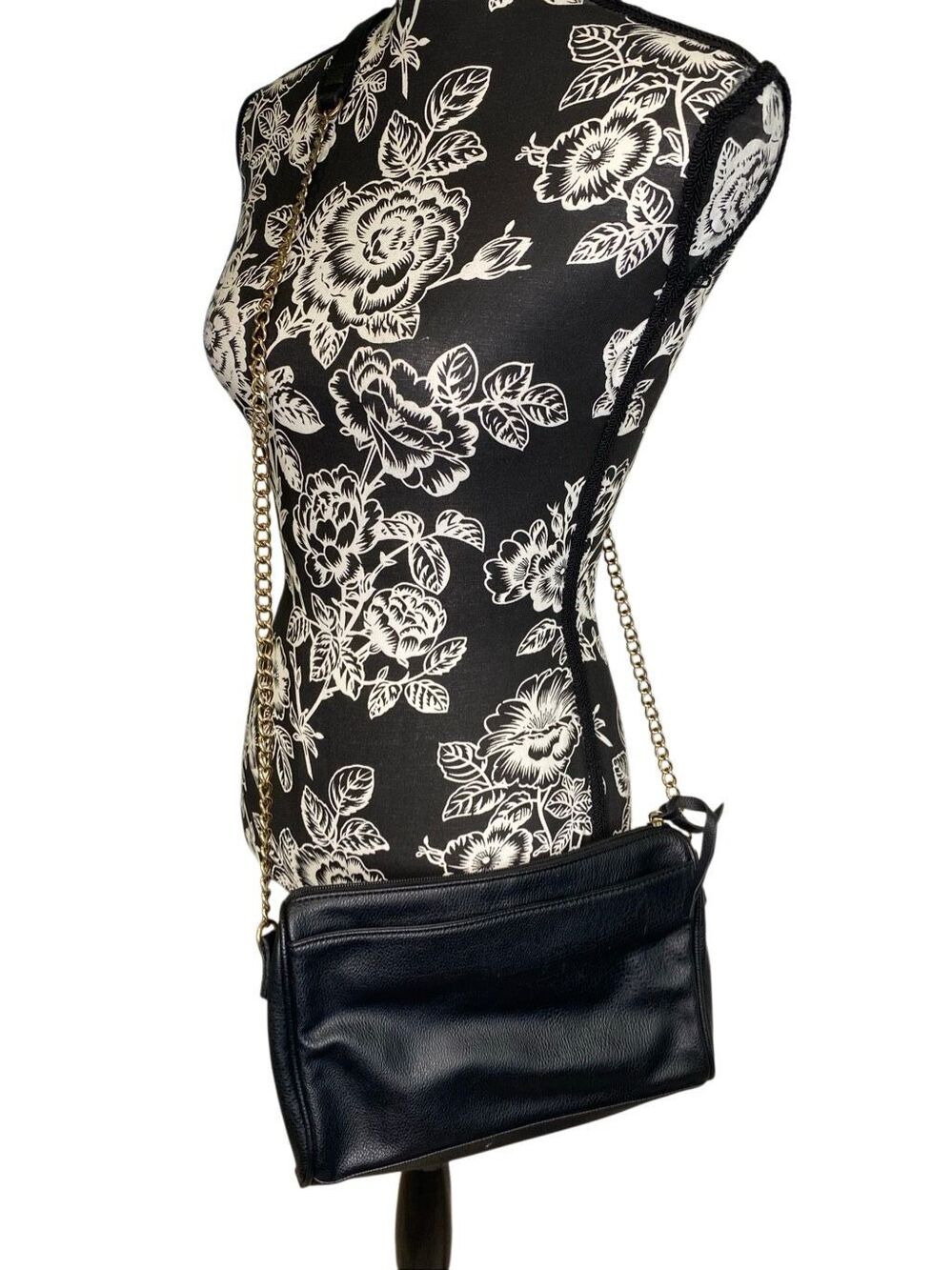 Black Triple Zip Crossbody Bag Gold Chain Strap Everyday Shoulder Purse Travel - Picture 2 of 14